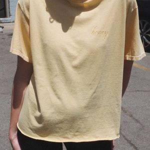 Raw hem yellow embroidered honey John half tee
